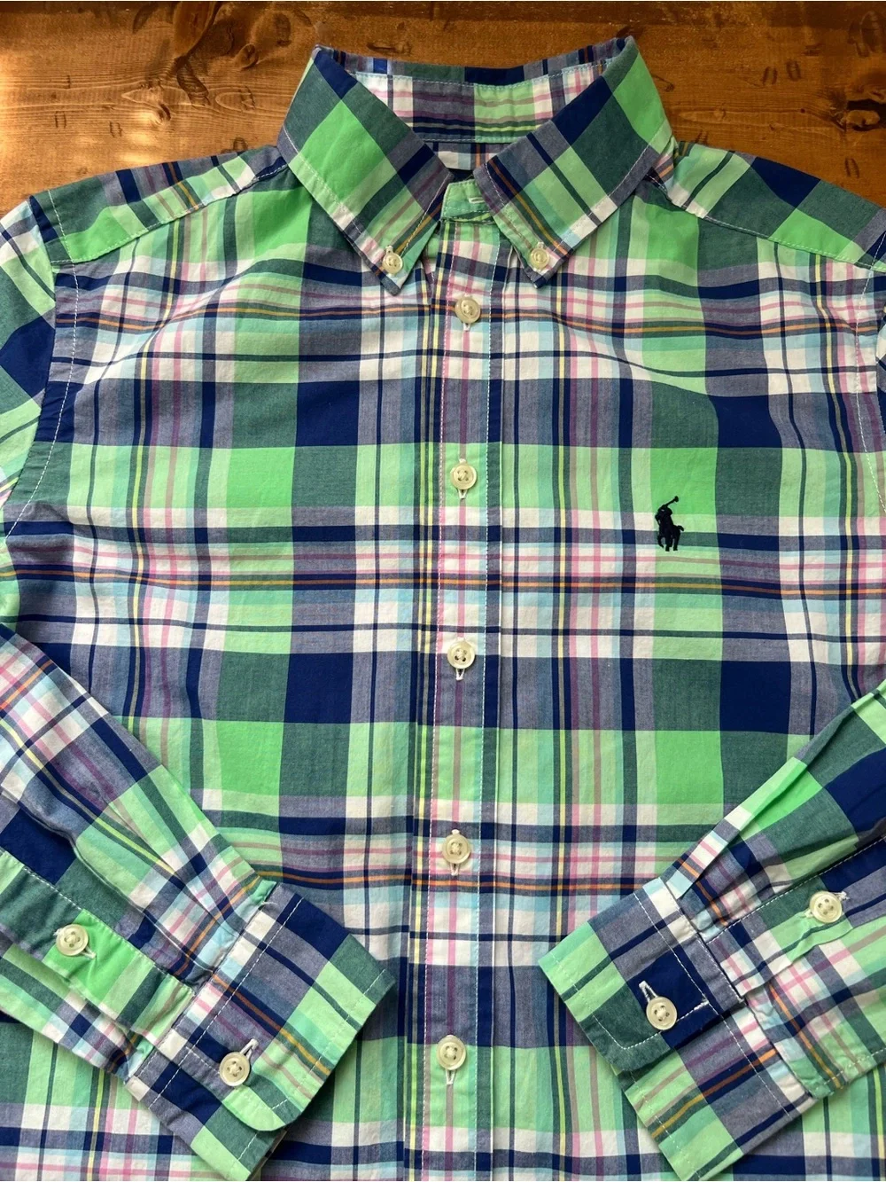 Ralph Lauren Button Down Shirt Boys Medium 10-12 Green Blue Plaid